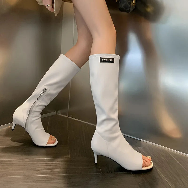 LBSFY  -  Fashion Knee Length Women Shoes New High Quality True Leather Open Toe Elastic Boots High Heel Summer Leather Boots