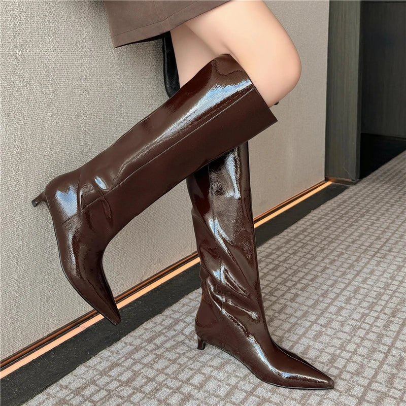 LBSFY  -  Ins Hot Genuine Leather Boots Women Mid Heels Pointed Toe Knee High Boots Slip On Fashion Long Boots Ladies Office Shoe