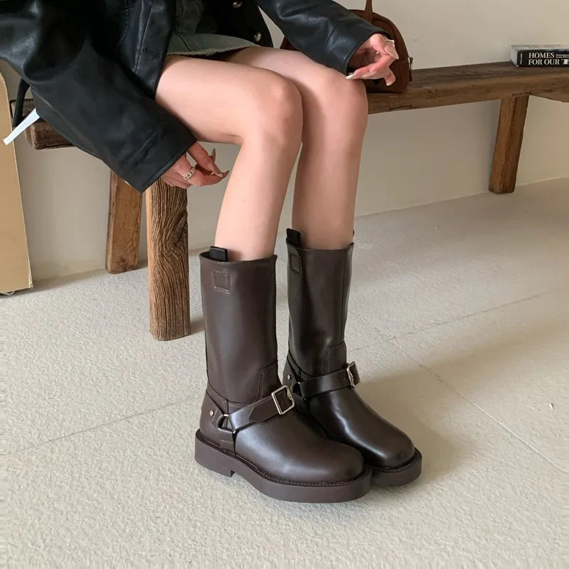 LBSFY  -   Mid Calf Boots Women Round Toe Black Pu Leather Buckle Block Heel Biker Shoes Wide Calf