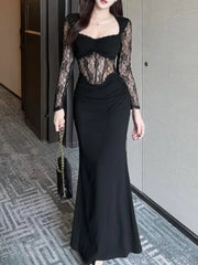 LBSFY -Sexy Splicing Lace Fishbone Dresses Women Elegant Patchwork Evening Party Dress Fashion Temperament Female Black Vestido Mujer