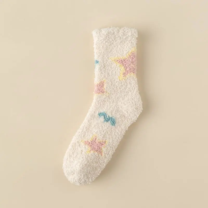 Lbsfy Socks Women Winter Warm Fluffy Fuzzy Cute Middle Tube Thick Thermal Soft Coral Fleece Floor Sleep Cartoon Star Short Crew Socks