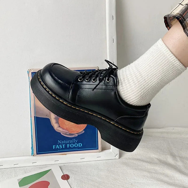 LBSFY -Mary Jane Women Pumps 2025 Spring Solid Lace-up Platform Shoes Round Toe Casual Zapatillas Mujer Black 4.5CM High Zapato De Tacón