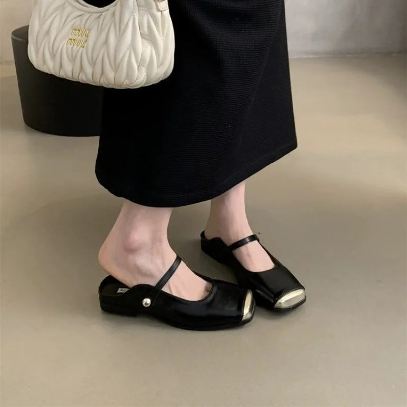 LBSFY -New Fashion Stylish Women's Square - Toe Metal  Capped Buckle Women's Strap Mules in Multiple Colors Large Size Zapatos Mujer