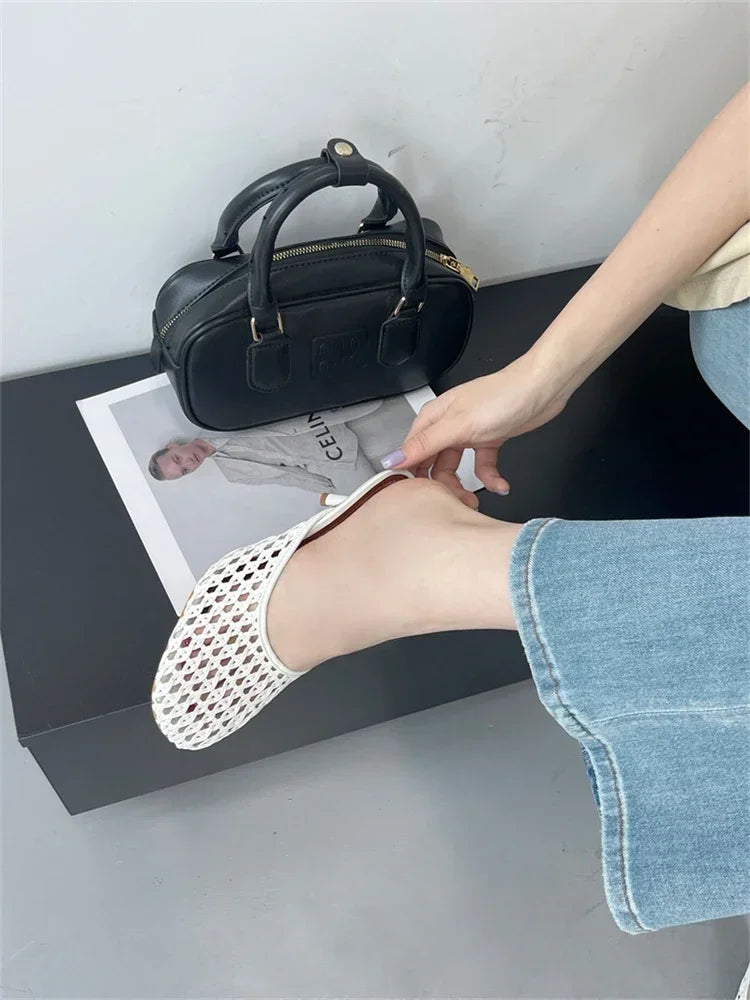 LBSFY -Summer Hollow Out Breathable Mesh Weaving Women Slippers Fashion Thin Heels Party Dress Mule Shoes Large Size 43