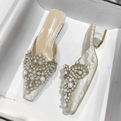 LBSFY -Pearl Half Slippers Women Shoe Autumn Rhinestone Chunky Mid Heel Slipper Sandals Fashion Muller Casual Versatile Single Shoes