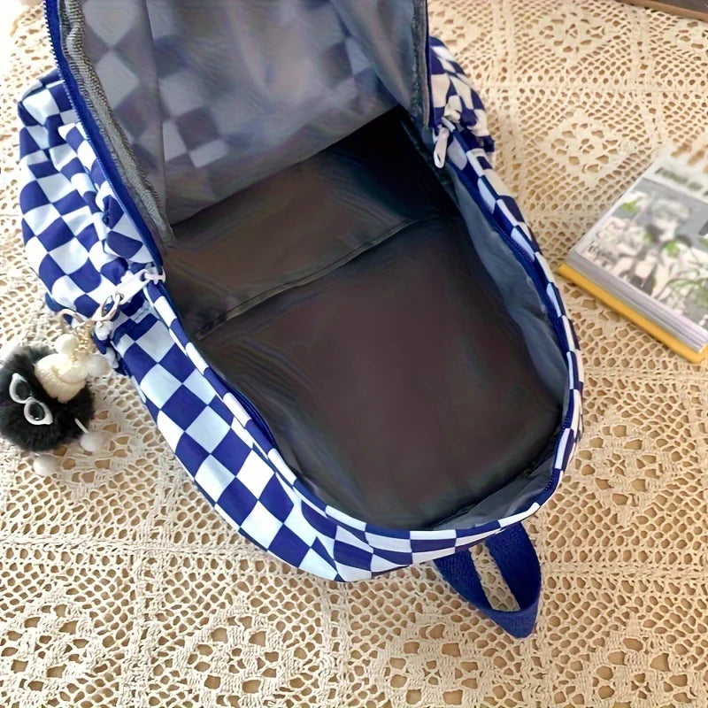 LBSFY -Leisure Backpack Korean Version Checkered Contrasting Color Design, Daily Same Class Backpack, Casual Simple Middle and High Sch