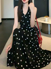 LBSFY -Dot Chic Retro Elegant French Style Polka Sling Dresses Bow Backless Slim Waist Halter-neck Split Dress Spring Summer 2025 New