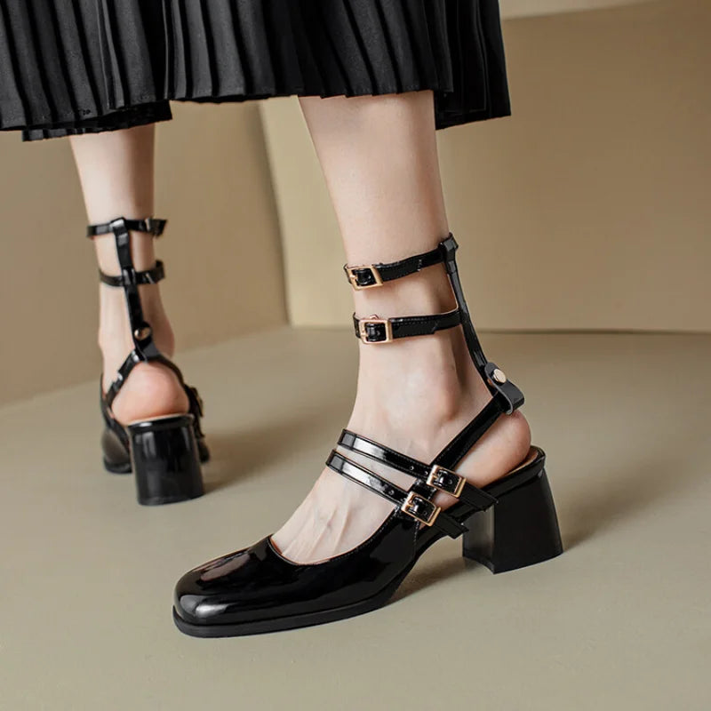 LBSFY  -  Women Gladiator Sandals Patent Leather Mary Janes Multi-buckle Slingback Shoes Thick Heels Silver Lady Sandal