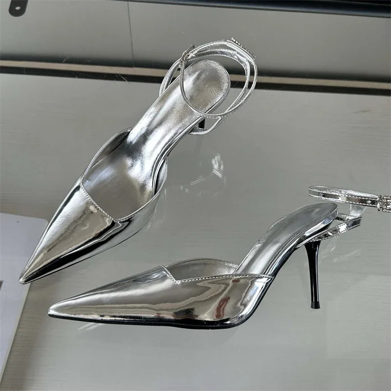 LBSFY -Gold Silver Ankle Buckle Strap Women Pumps Sexy Thin High Heels Pointed Toe Slingback Mules Dress Designer Shoes