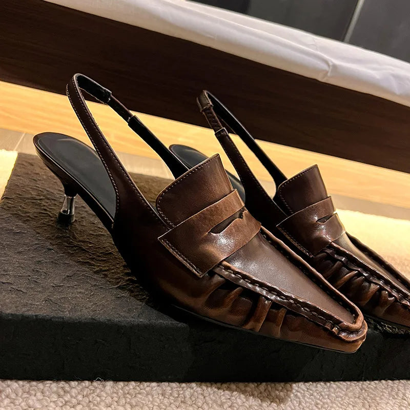 LBSFY  -  Fashion Pumps New High Quality Genuine Leather Retro Square Headed Open Heels High Heels Modern Sandals Women