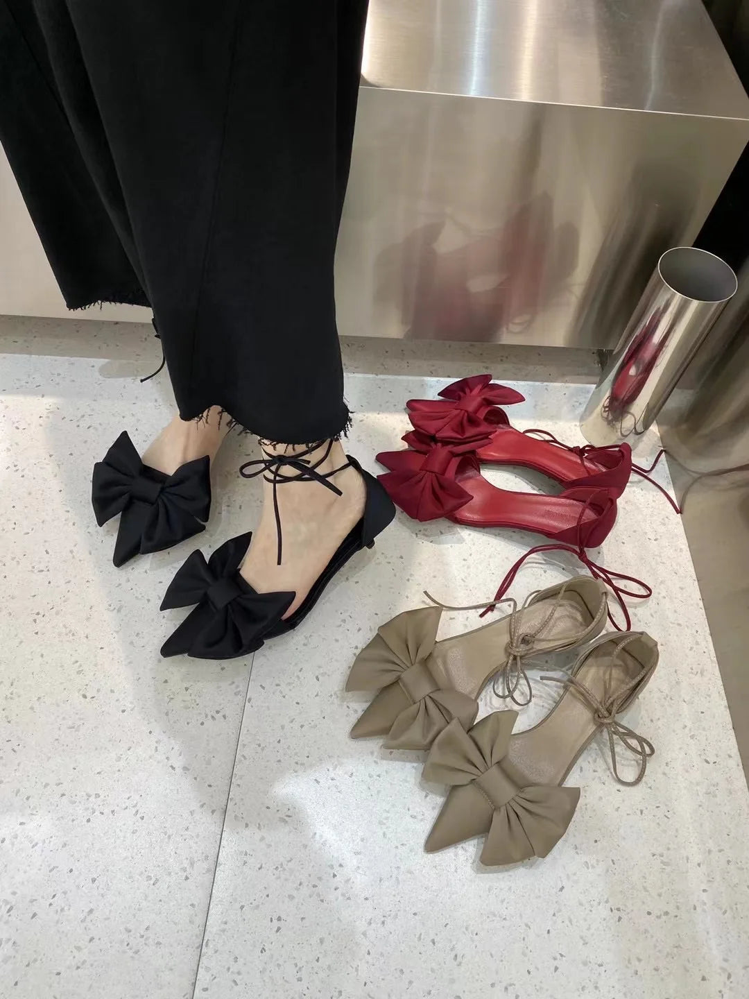 LBSFY  - Pointed Toe Women Sandals Summer Dress Shoes Thin Mid Heels Ankle Strap Bow Design Black Red Beige Bow Design Cute Sandals