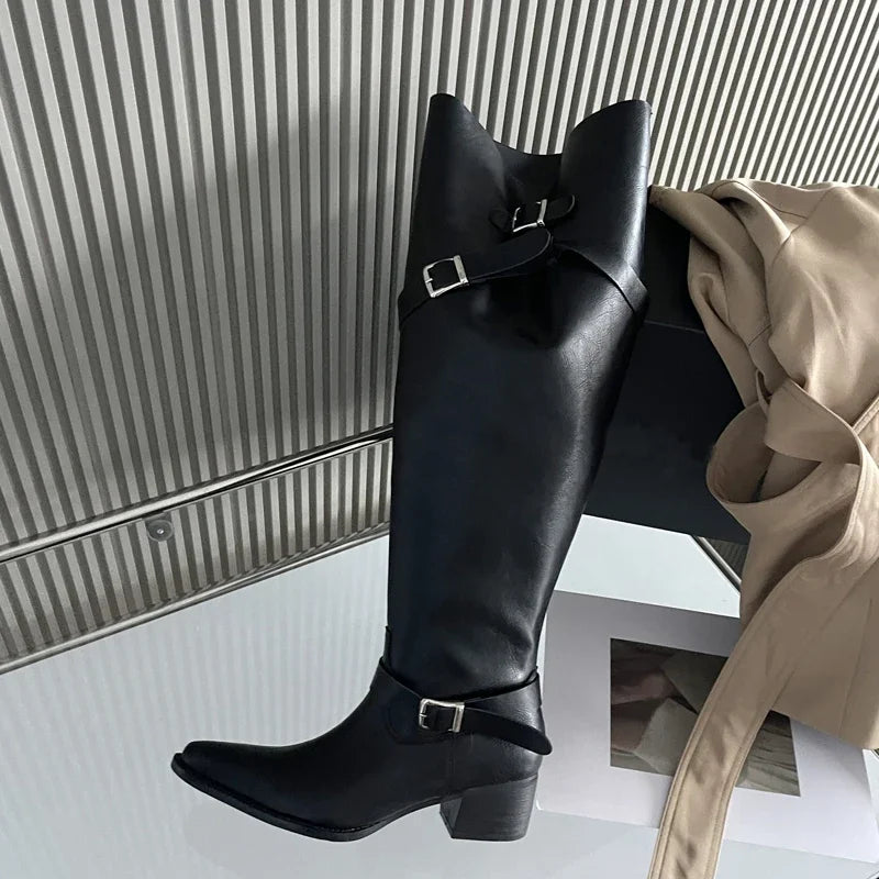 LBSFY -Winter Punk Style Women Knee-High Boots Designer Square Heels Buckle Strap Shoes Ladies Booties Zapatillas De Mujer