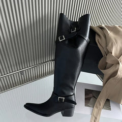 LBSFY -Winter Punk Style Women Knee-High Boots Designer Square Heels Buckle Strap Shoes Ladies Booties Zapatillas De Mujer