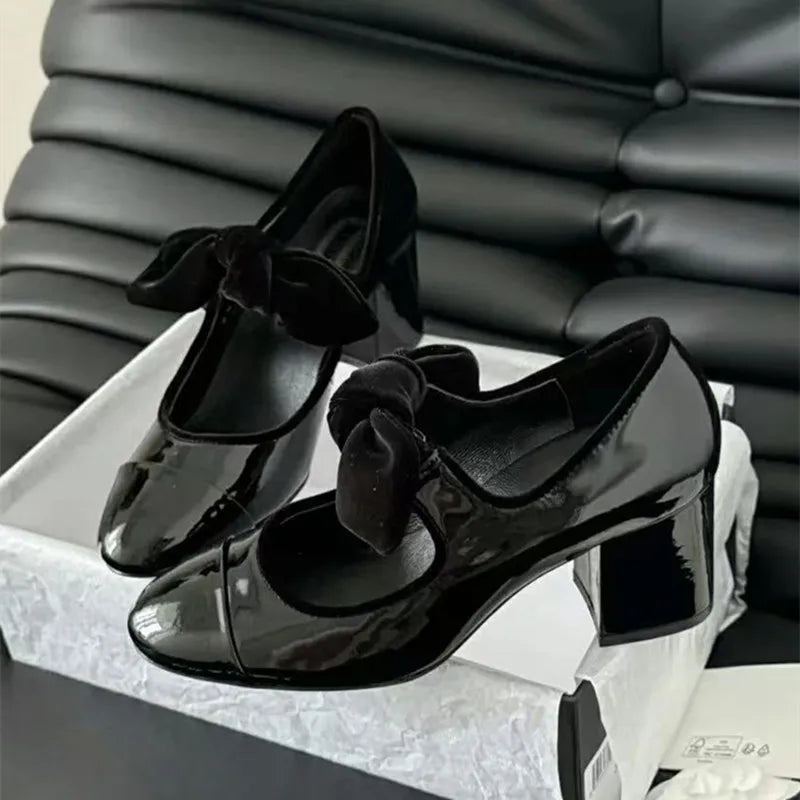 LBSFY  -   Star style Fashion Mixed-color Bowknot Mary Janes Women Pumps Spring Summer Patent Leather Thick High heels Female Party Shoes
