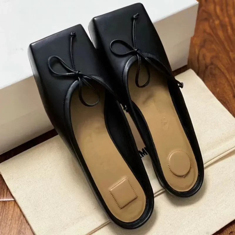 LBSFY  -  Genuine Leather Pumps Square Toe Metal Thin Heel Belt Buckle Lace-Up Ballet Mules Solid Slip-On Fashion Party Sexy Shoes