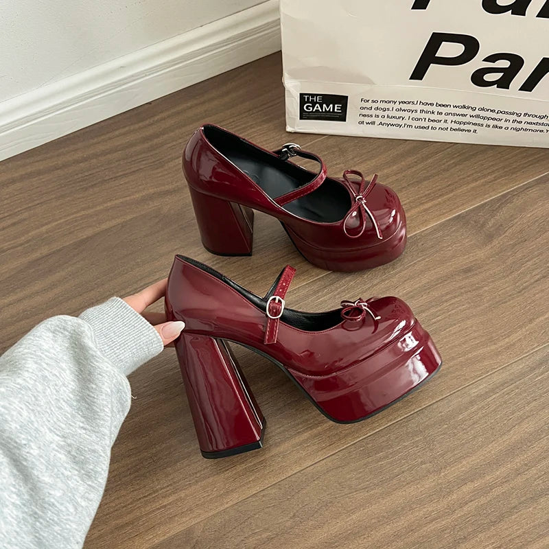 LBSFY -Platform Square High Heel Women's Mary Jane Shoes Fashion Butterfly-knot Shoes Spring Autumn Wedding Party Shoes