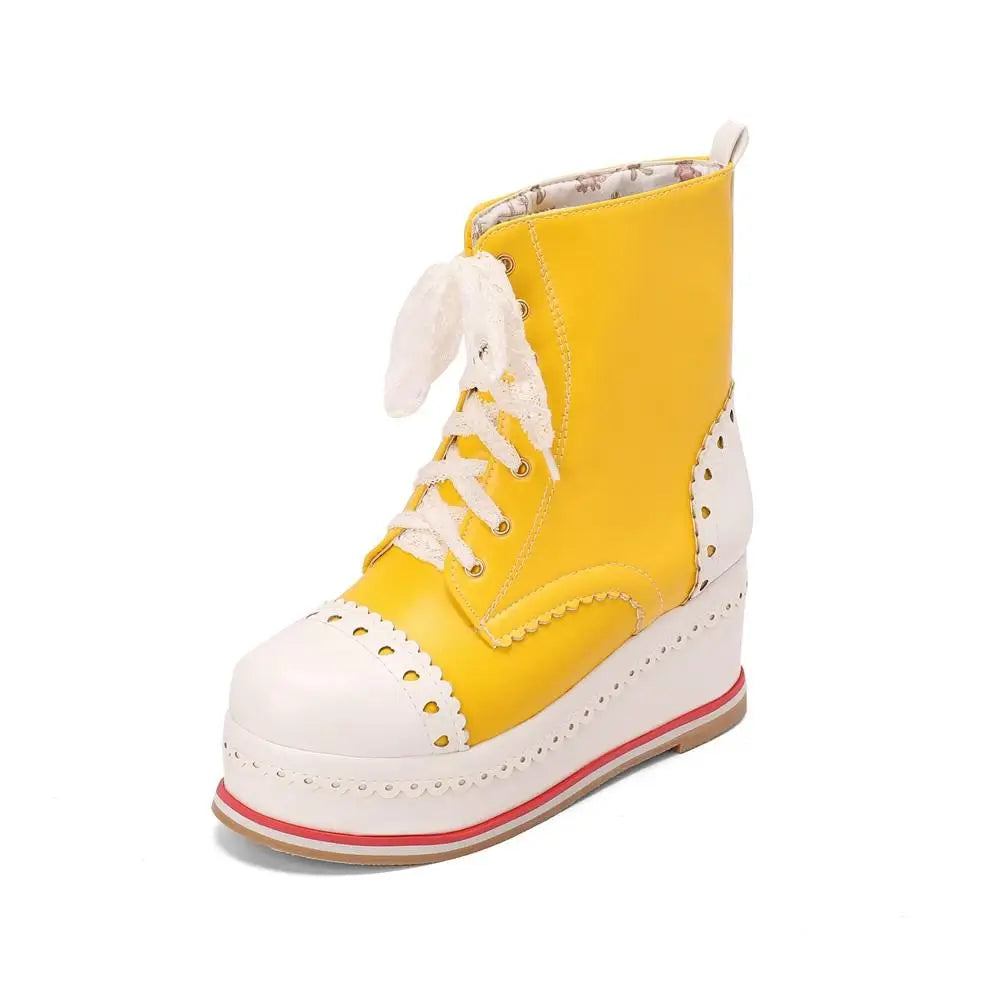 LBSFY  -  Lolita Style Sweet Girls Shoes Lace Up Platform Hidden Heels Wedges Princess Shoes Women Brock Ankle Boots Pink Plus Size 34-48
