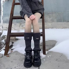 Lbsfy Metal Label Leg Warmers Knitted Women Calf Socks Solid Color Vintage Winter Y2K Japanese Harajuku Pile Long Socks Leg Covers