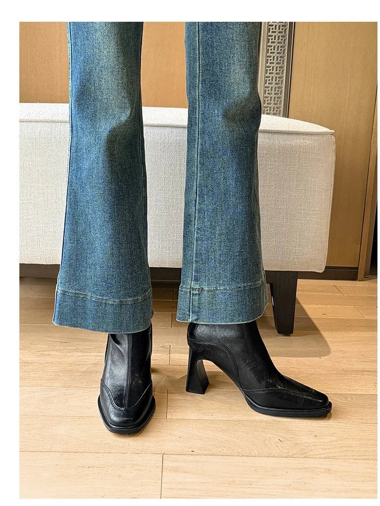LBSFY -2025 Vintage High Heel Women Ankle Boots Fashion Square Toe Short Booties Autumn Winter Ladies Shoes Botas Mujer
