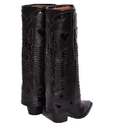 LBSFY  -  Burgundy White Brown Mixed Color Leather Eagle Star Heart Print Pointed Toe Square Med Heels Knee High Pants Boots Women Shoes