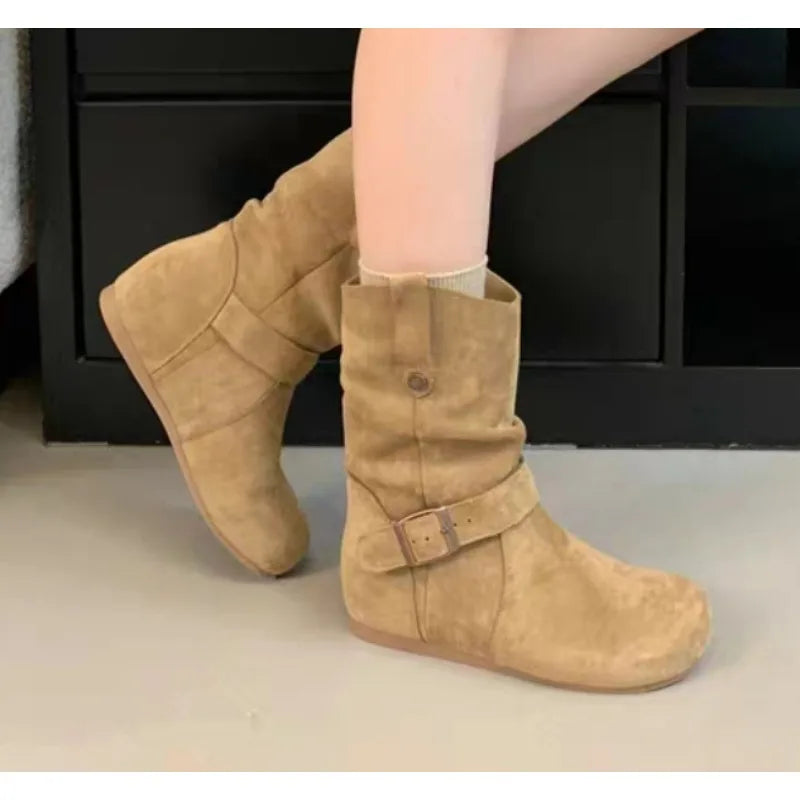 LBSFY -New Style Women's Solid Round Head Chunky Heel Sleeve Western Retro Mid Calf Leather Boots Ladies Retro Platform Cowboy Boots