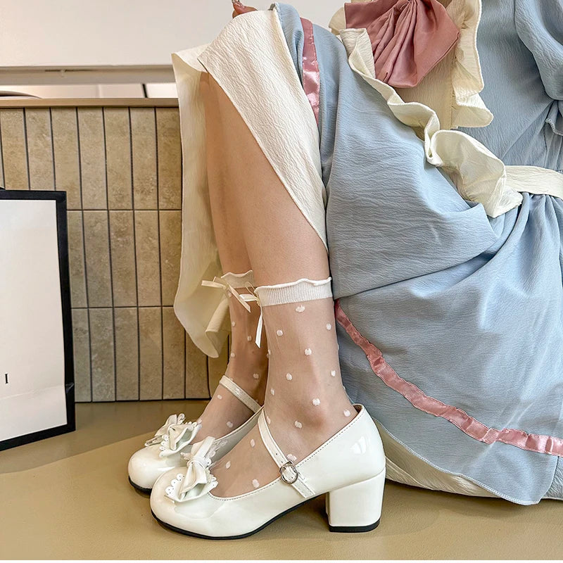 LBSFY -Cute Butterfly-knot Women Lolita Mary Jane Shoes Concise Thick Heel Leather Shoes Ladies Shallow Pumps