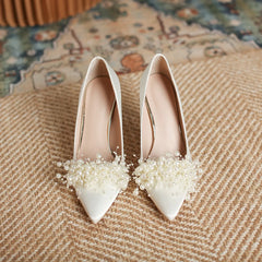 LBSFY  -  30-43 Summer Rhinestone Pearls White Wedding Shoes Women Sexy Pointed Satin High Heels Pumps Stiletto Bride Shoes