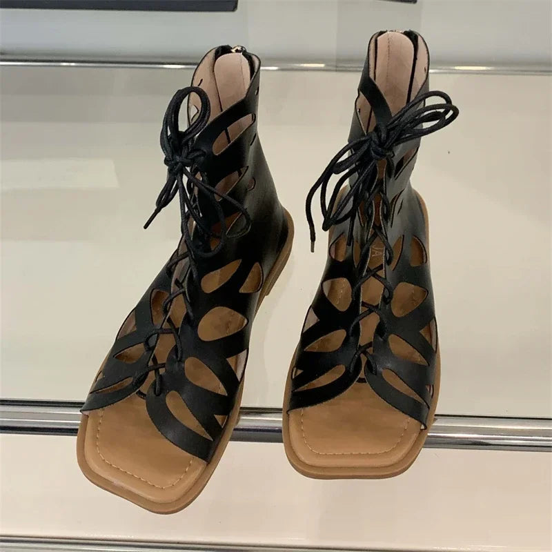 LBSFY -Design Style Hollow Out Flat Heels Woman Boot Sandals Summer Square Toe Zipper Casual Party Dress Gladiator Shoes
