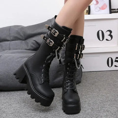 LBSFY -Women's Punk Gothic Boots 2025 Fashion Buckle Chain High Heels Mid Calf Boots Women Black Pu Leather Plus Size 42 Autumn Botas