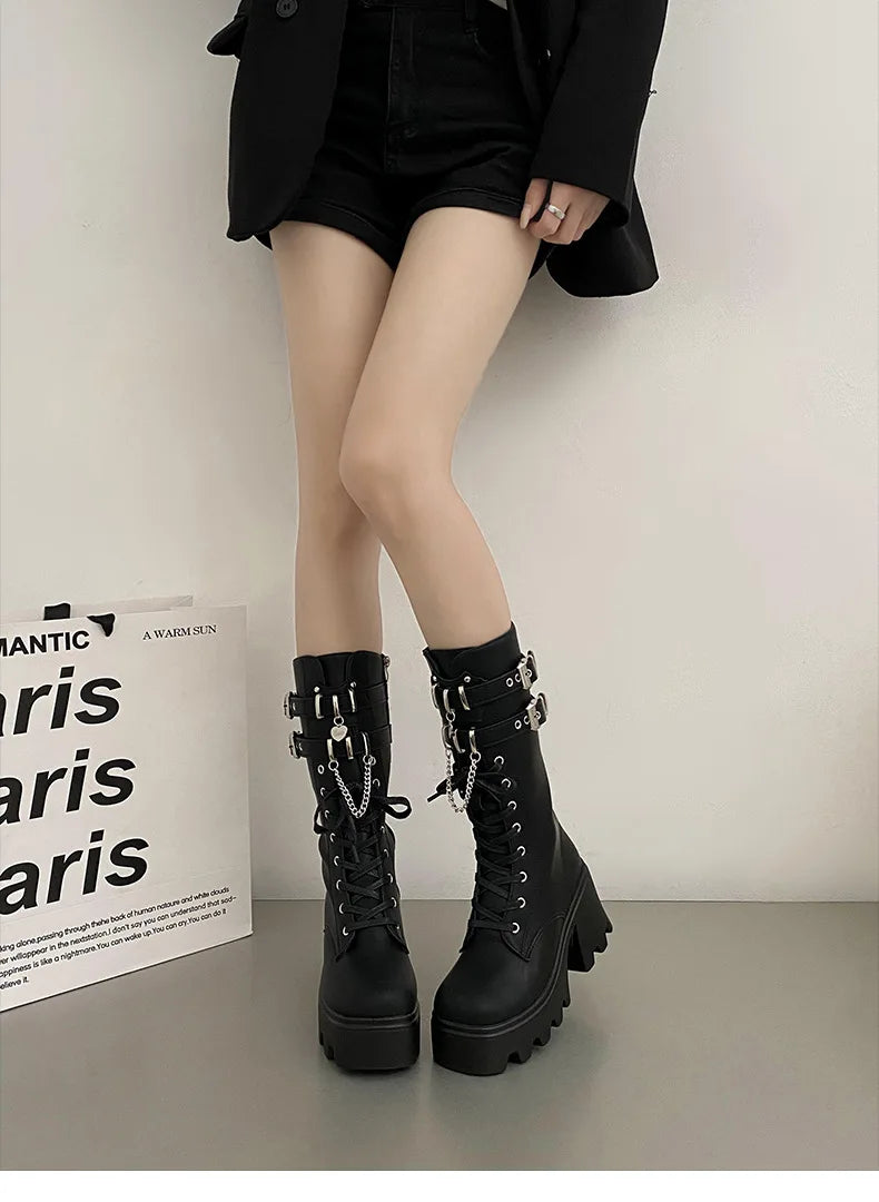LBSFY -Women's Punk Gothic Boots 2025 Fashion Buckle Chain High Heels Mid Calf Boots Women Black Pu Leather Plus Size 42 Autumn Botas