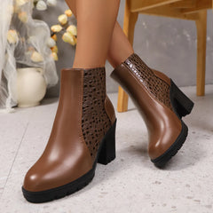 LBSFY -Female Autumn Winter Lace PU Leather Cowboy Ankle Boots Snake Print Western Cowgirl Boot Women Wedge High Heel Booties