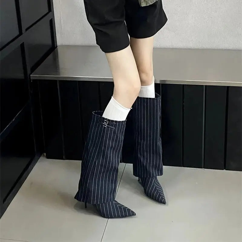 LBSFY  -   Women Knee High Boots Thin Heel Denim Point Toe Winter Retro Shoes Botas Mujer