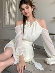 LBSFY -Summer Fairy Elegant Fashion Mini Dresses For Woman New Off Shoulder Sling Halter Tassel Party Dress French Hollow Vestidos