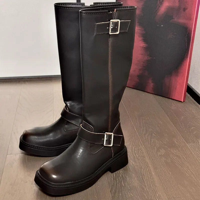 LBSFY  -  Women's High Boots 2025 New Retro Maillard Western Boots Square Toe Wide Leg Knee-high Knight Boots