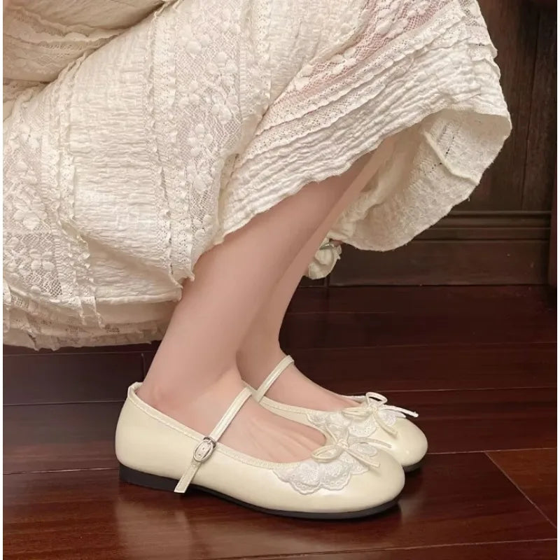 LBSFY -2025 Spring Autumn Bow Lace Women Mary Jane Shoes Fashion Shallow Ladies Elegant Outdoor Single Shoes Women Loafers Ballet Flats