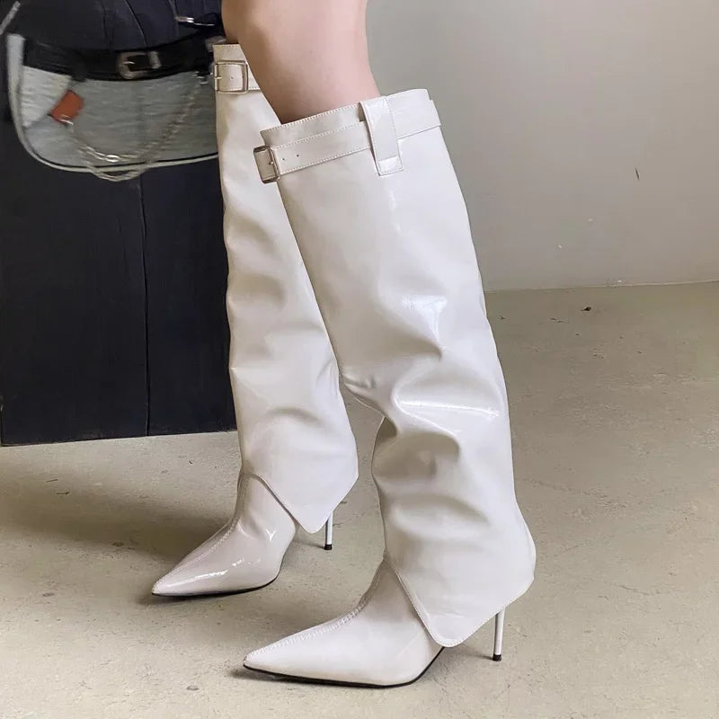 LBSFY -Street Style Sexy Patent Leather Woman Knee-High Boots Thin Heels Long Booties Designer Belt Buckle Strap Stripper Shoes