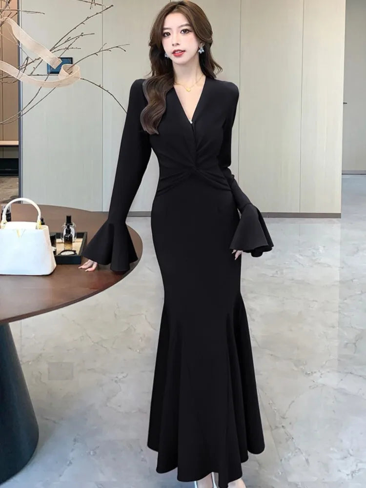 LBSFY -Korean Sexy Mermaid Dress for Women V-Neck Flare Long Sleeves Ruffles Party Dresses Autumn Female Slim Waist Vestidos Long Robe