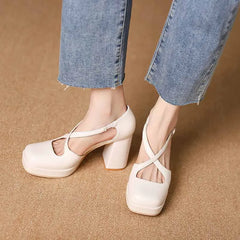 LBSFY  -  Size 34-40 Cross Strap Roman Shoes Summer Chunky Heel Strap Square Toe Women High Heeled Shoes