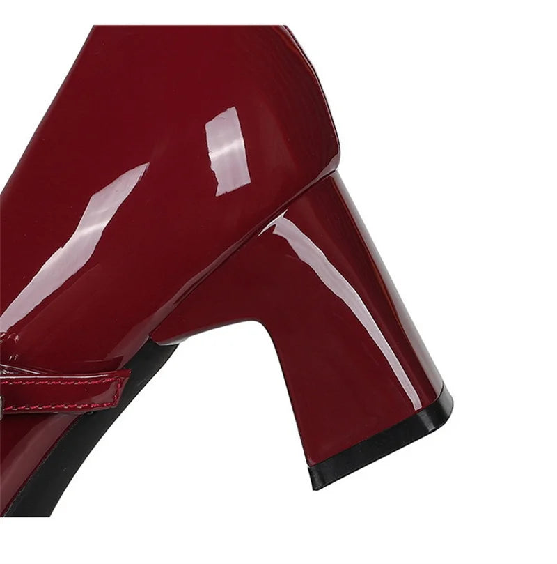 LBSFY -Banquet Mary Jane Women Single Shoes Square Toe Light Mouth Patent Leather One-Striped Rhinestone Buckle Thick Heel Medium Heel