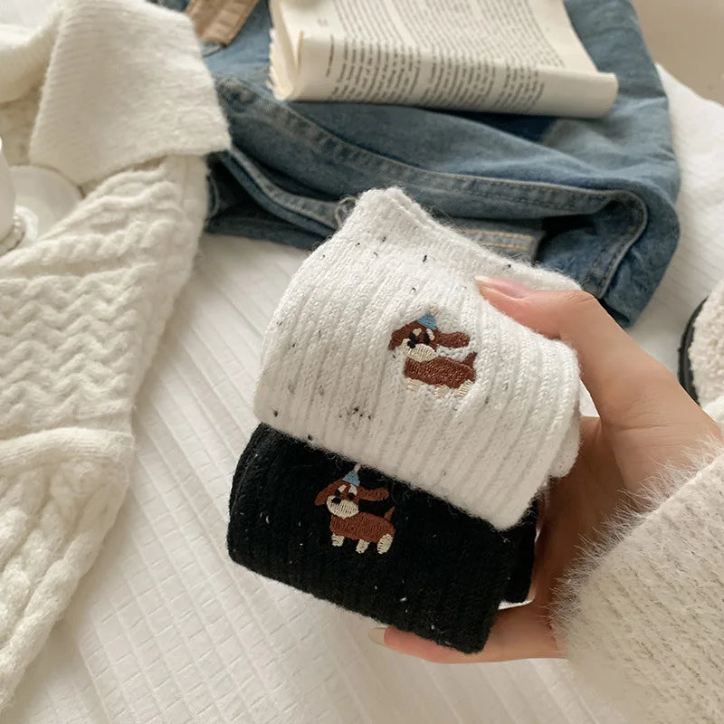 Lbsfy 2 Pairs Wool Women Socks Style Trendy Embroidery Socks Cartoon Long Style Simple Kawaii Cute Socks Dogs Breathable Comfy