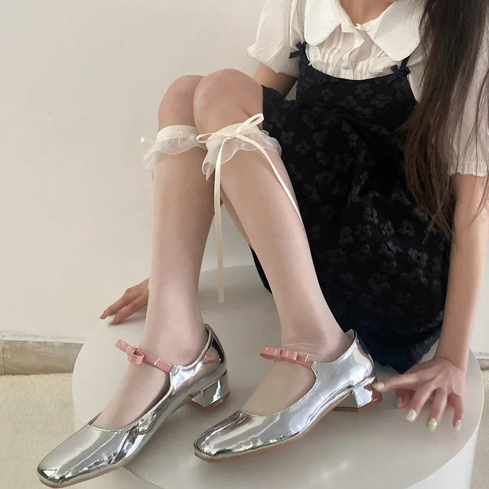 Lbsfy Lolita Girls Long Socks Summer Ultra-thin Transparent Nylon Stockings Sweet Cute JK Lace Ruffle Knee Socks Ribbon Bow Stockings