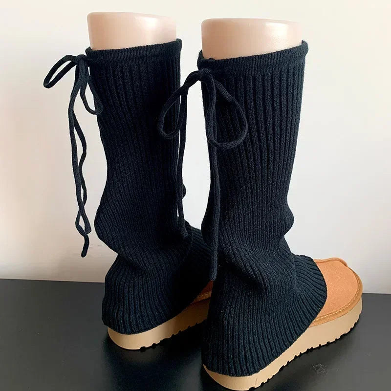 Lbsfy Sweet Ballet Strappy Wide Leg Socks Knitted Strappy Stockings Winter Warm Jk Leggings Y2K Bow Pile Socks Korea Women Calf Socks