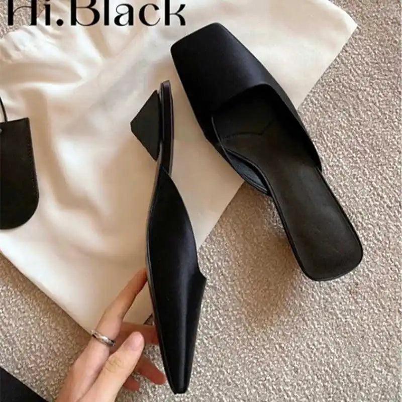 LBSFY  -  Luxury Satin Design Mules Shoes for Women Summer Sexy Square Head Strange Low Heel Slide Sandals Elegant Comfort Dress Slippers