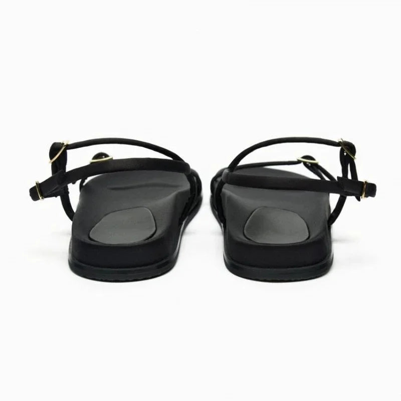 LBSFY  - Ankle Straps Black Flip Flops For Women Summer Casual Round Toe Buckled Flat Sandals Fashion Back Strap Shoes Beach Slipper