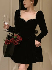 LBSFY -French Velvet Party Dress for Women Elegant Long Sleeve A-Line Vestidos Robe Female One Piece Mini Birthday Evening Dresses New