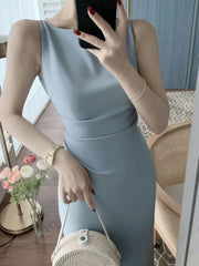 LBSFY -Women Spaghetti Strap Sleeveless Solid Sexy Dresses Summer New Fashion Office Lady Female Elegant Evening Party Midi Dress