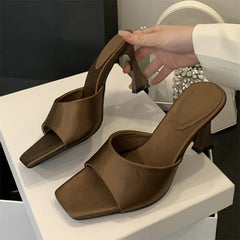 LBSFY -Fashion Satin Square Toe Women Slippers Concise Thin High Heels Banquet Dress Sandals Summer Female Shoes