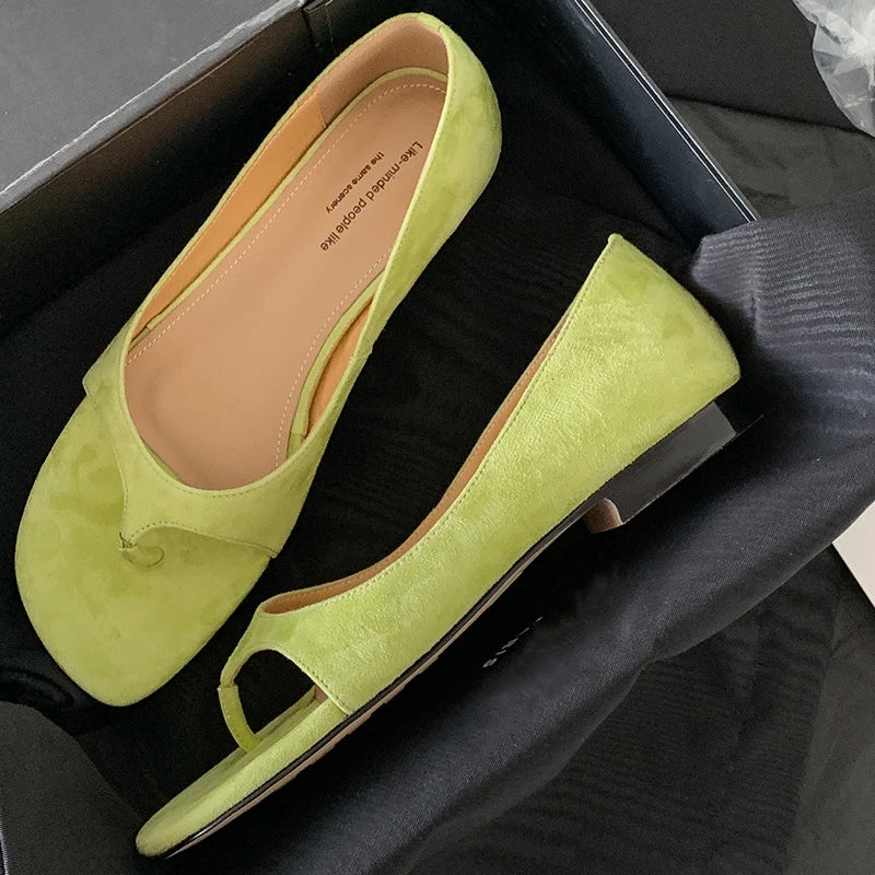 LBSFY  -  Green Round Toe Thong Sandals Ladies Summer Leisure Snake Pattern Flats Open Toe Slip-On Shoes for Women Genuine Leather