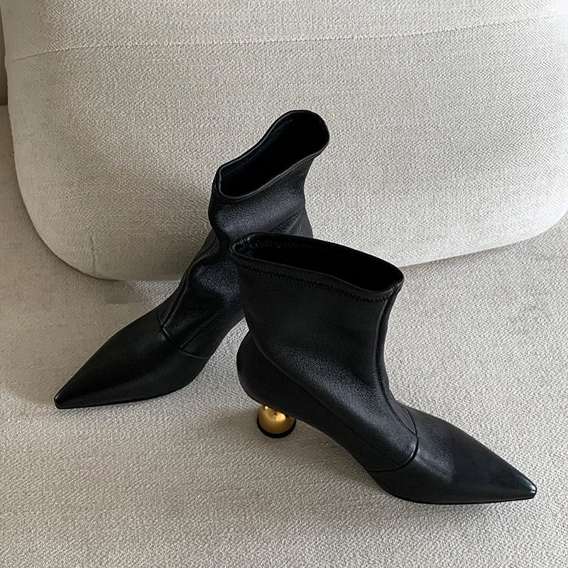 LBSFY -New Style Fashion Women High Heels Short Leather Boots Female Pointed Thin Heel Boots Ladies Ankle Short Boots Zapatos De Mujer