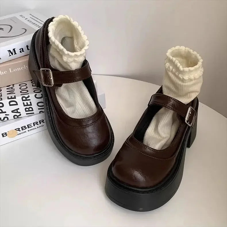 LBSFY -Brown Retro French Thick Heel Mary Janes Women's Shoes Spring 2025 New Style Heightening Flat Mouth High Heels Loafers Shoes